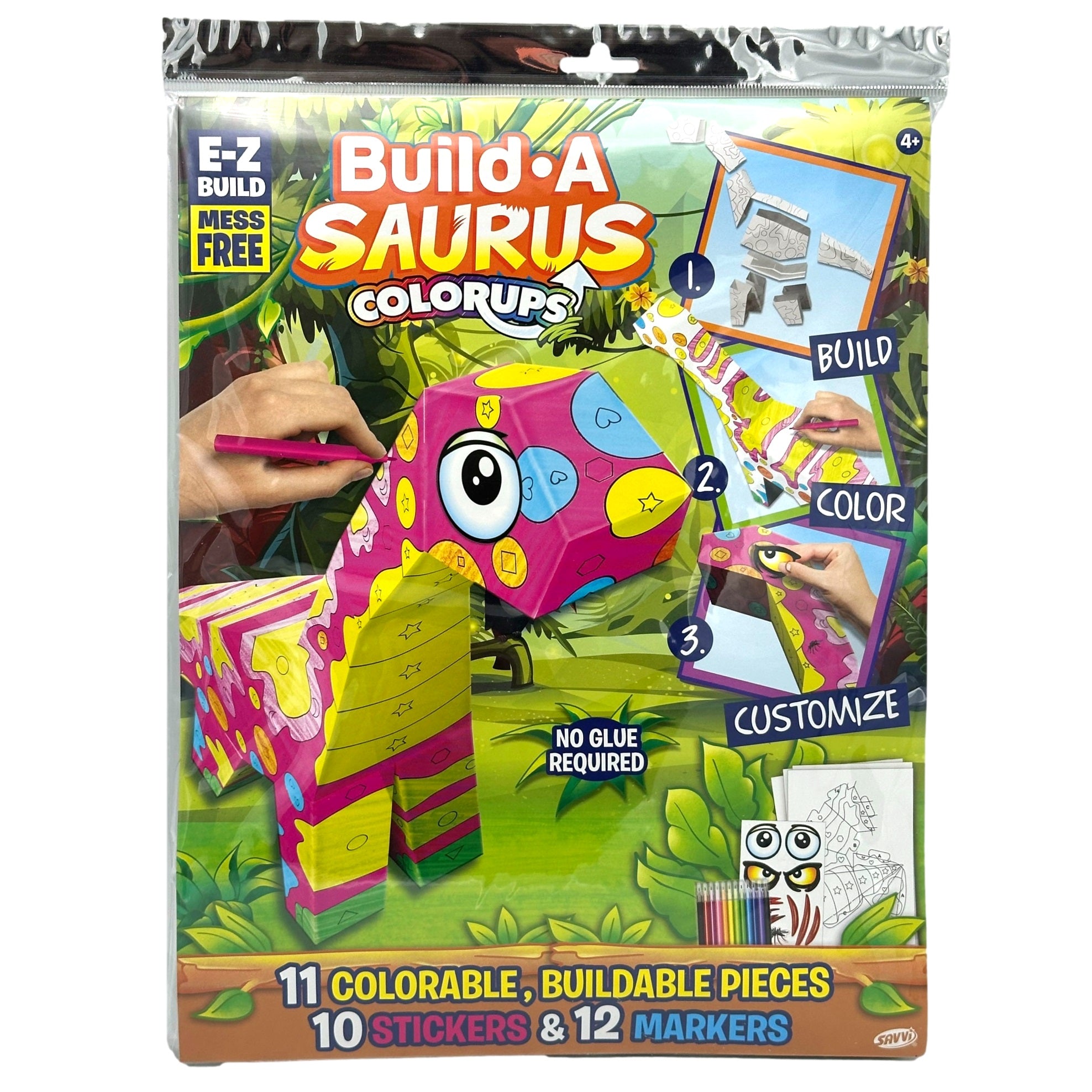 A packaged "Build-A-Saurus" craft kit with a colorful dinosaur, markers, stickers, and building instructions.